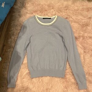Chic Light Blue Sweater with Pearl Accents
